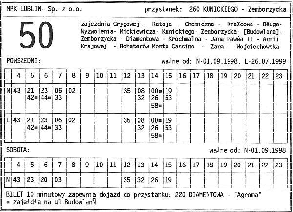 Rozkład 50 z przystanku Kunickiego - Zemborzycka